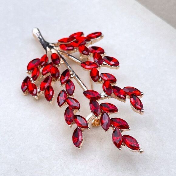 Rose Gold with Ruby Red Crystal Tree Branch with Leaves Pin Back Brooch - Picture 6 of 9